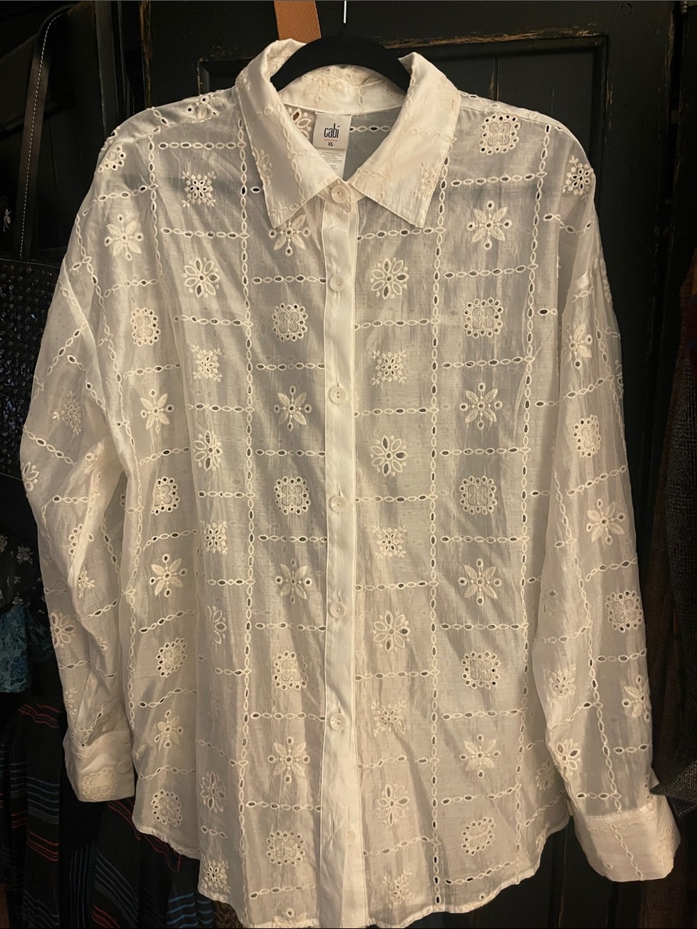 CAbi Lotus White Eyelet Embroidered Button-Down Shirt- XL NEW